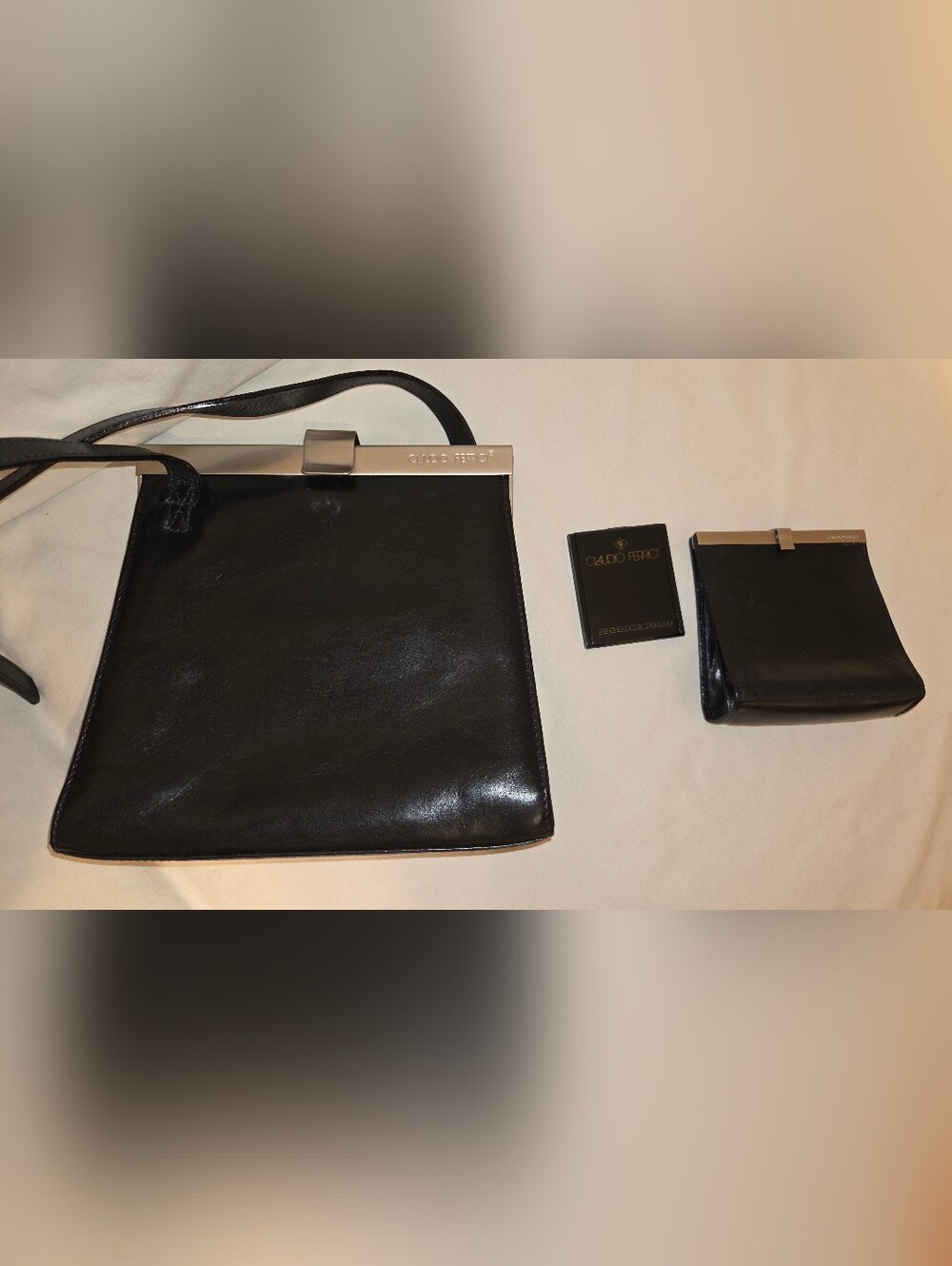 Claudio Ferrici 3pc Set: Black Leather Frame Bag, Coin Purse, Mirror w/dustbag